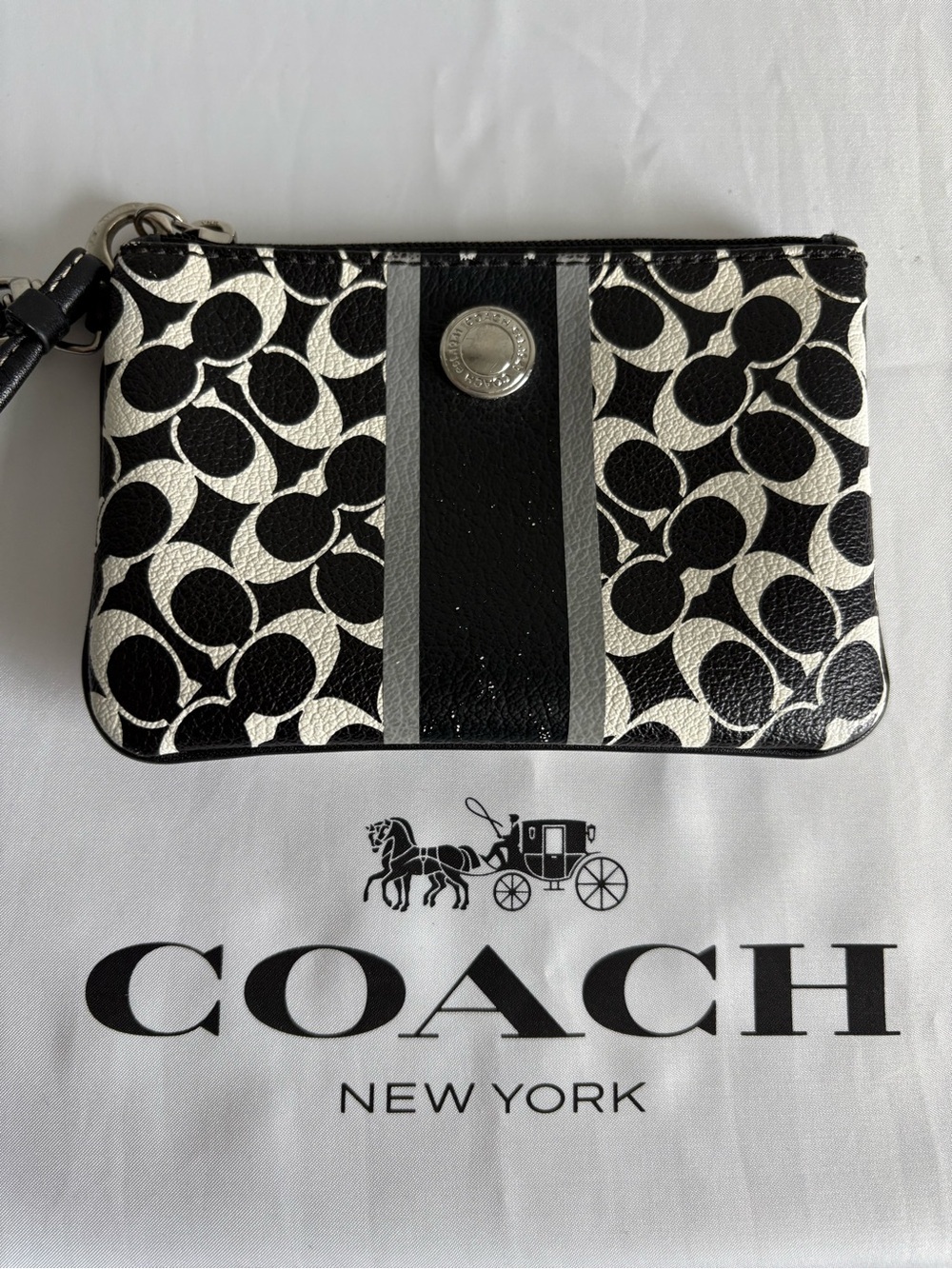 Coach Signature C Black and White Women’s Wristlet | 6”x 4”